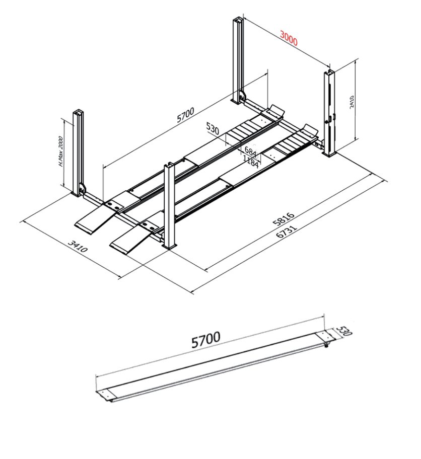 Vier koloms hefbrug 5000kg 5,7m flat 3m doorrijbreedte Cascos - Afbeelding 5