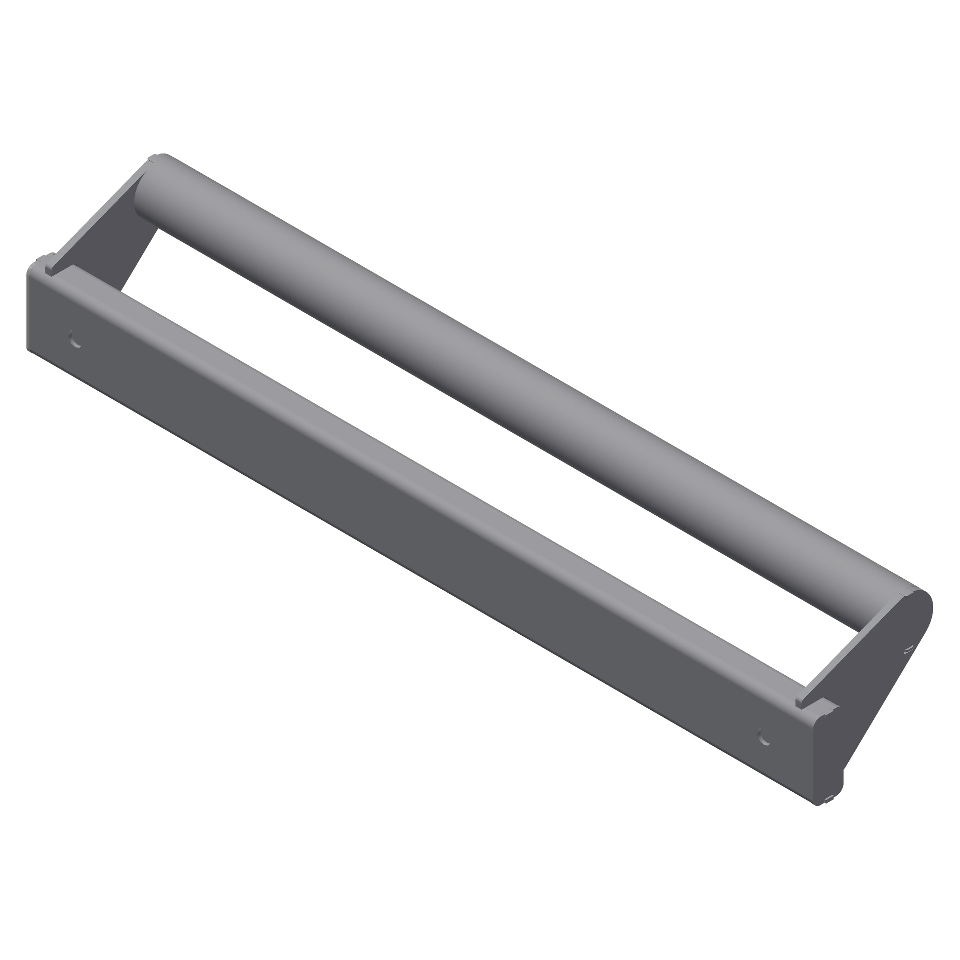 3D-weergave van het Frame voor mobiele werkbank 124cm (dubbel), een grijs, rechthoekig metalen frame met een bevestigde cilindrische rol, bekeken vanuit een hoek op een witte achtergrond.