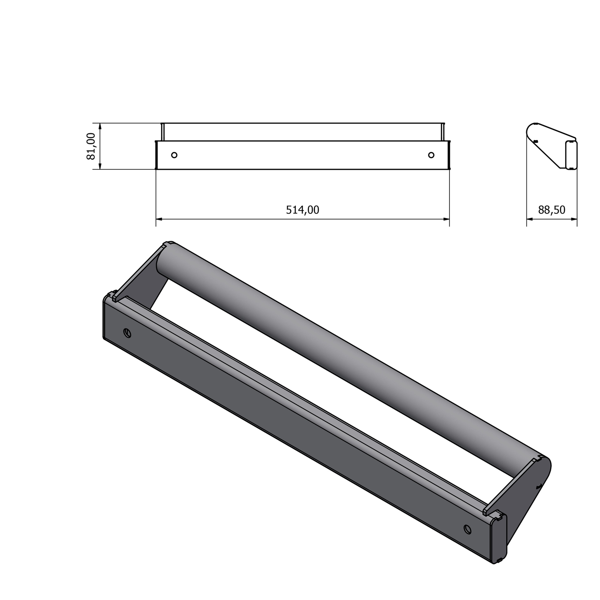 3D technische tekening van het Frame voor mobiele werkbank 124cm (dubbel), een rechthoekige beugel met een cilindrische balk, met voor-, zij- en isometrische aanzichten met de afmetingen: 514 mm lengte, 88,5 mm breedte, 81 mm hoogte.