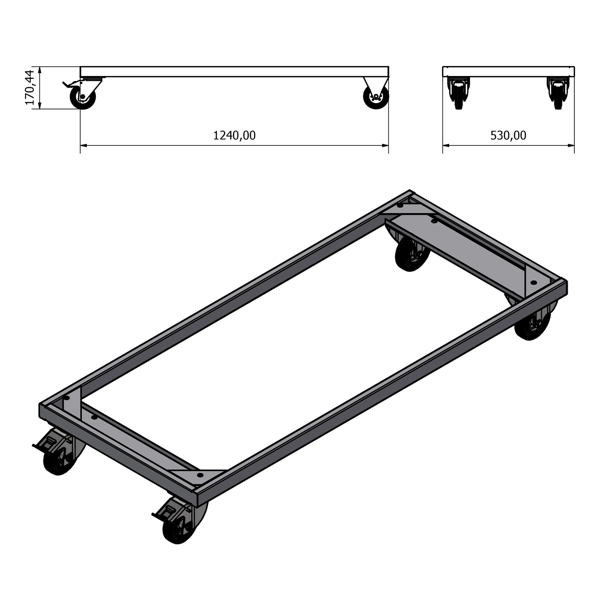 Technische tekening van het Frame voor mobiele werkbank 124 cm (dubbel), een rechthoekige metalen dolly met vier zwenkwielen, boven- en zijaanzicht. Afmetingen: 1240 mm lang, 530 mm breed, 170,44 mm hoog.
