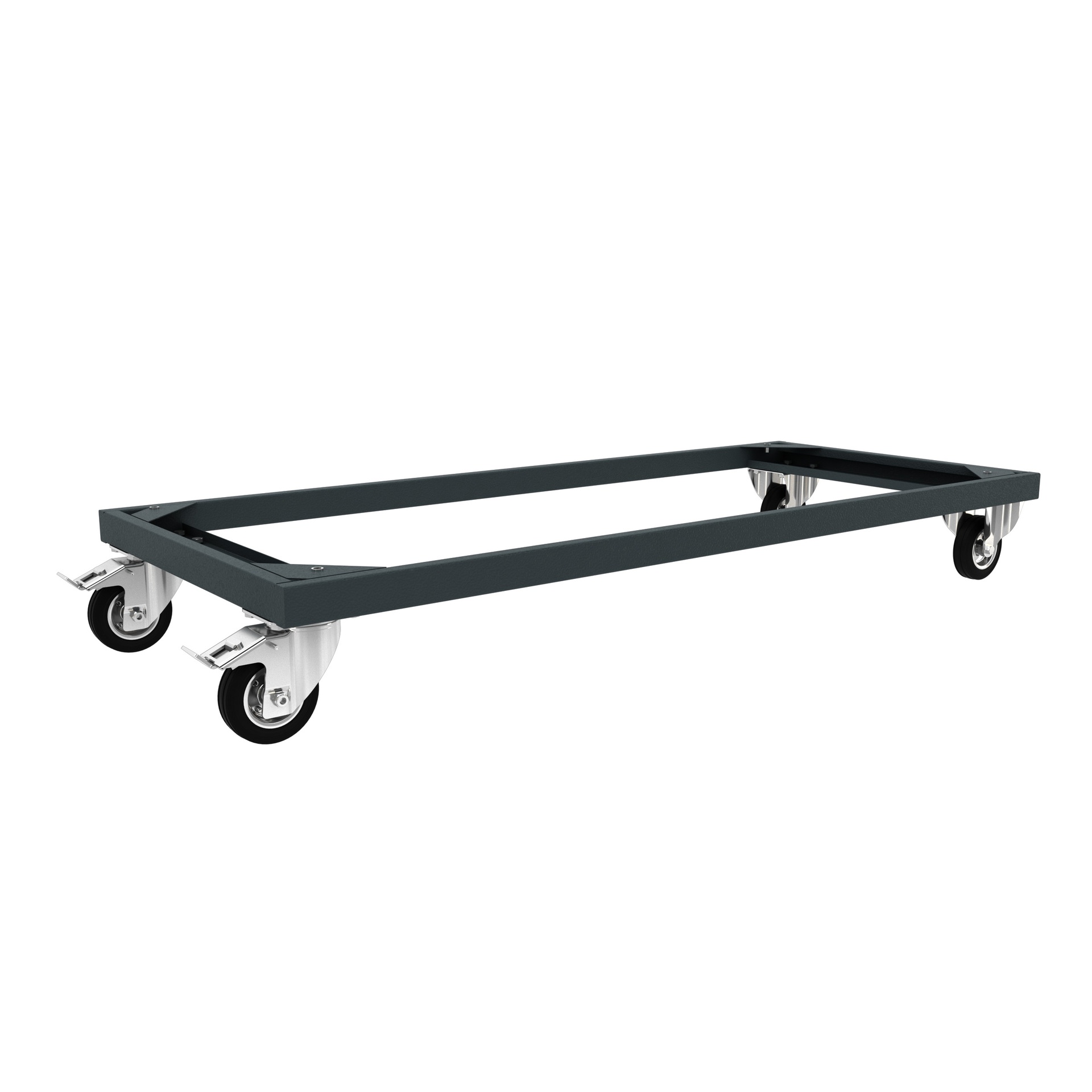 Het Frame voor mobiele werkbank 124cm (dubbel) is een rechthoekige metalen dolly met vier zwenkwielen, waarvan twee met remmechanisme, ideaal voor het vervoeren van zware voorwerpen.