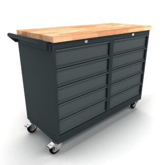De [WBG124M04] Verrijdbare werkbank 2x 5 laden kast is een zwarte gereedschapskist op wielen met twee ladekolommen, een houten bovenkant, vergrendelingsmechanismen en vier zwenkwielen voor eenvoudige verplaatsing.